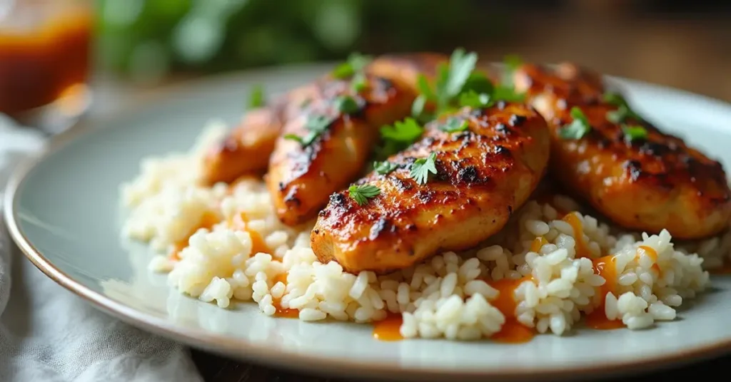 A delicious plate of chicken over rice with tender chicken, fluffy rice, and fresh herbs, presented elegantly.