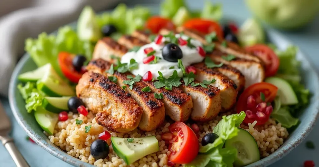 A delicious chicken shawarma bowl with grilled chicken, vegetables, rice, and garlic yogurt sauce.