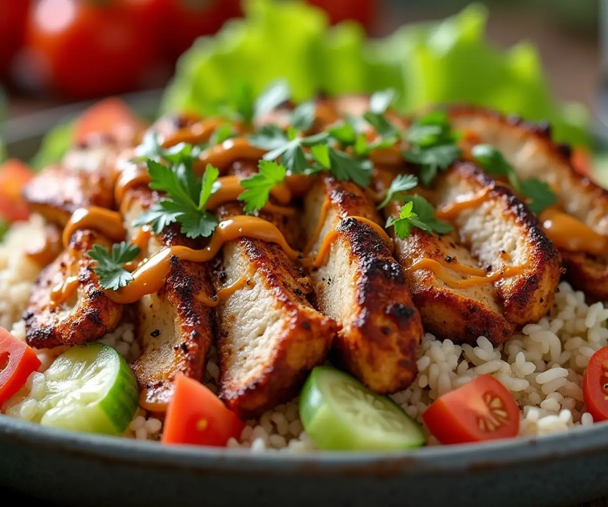 Close-up of a chicken shawarma bowl with grilled chicken, fresh vegetables, and tahini sauce.