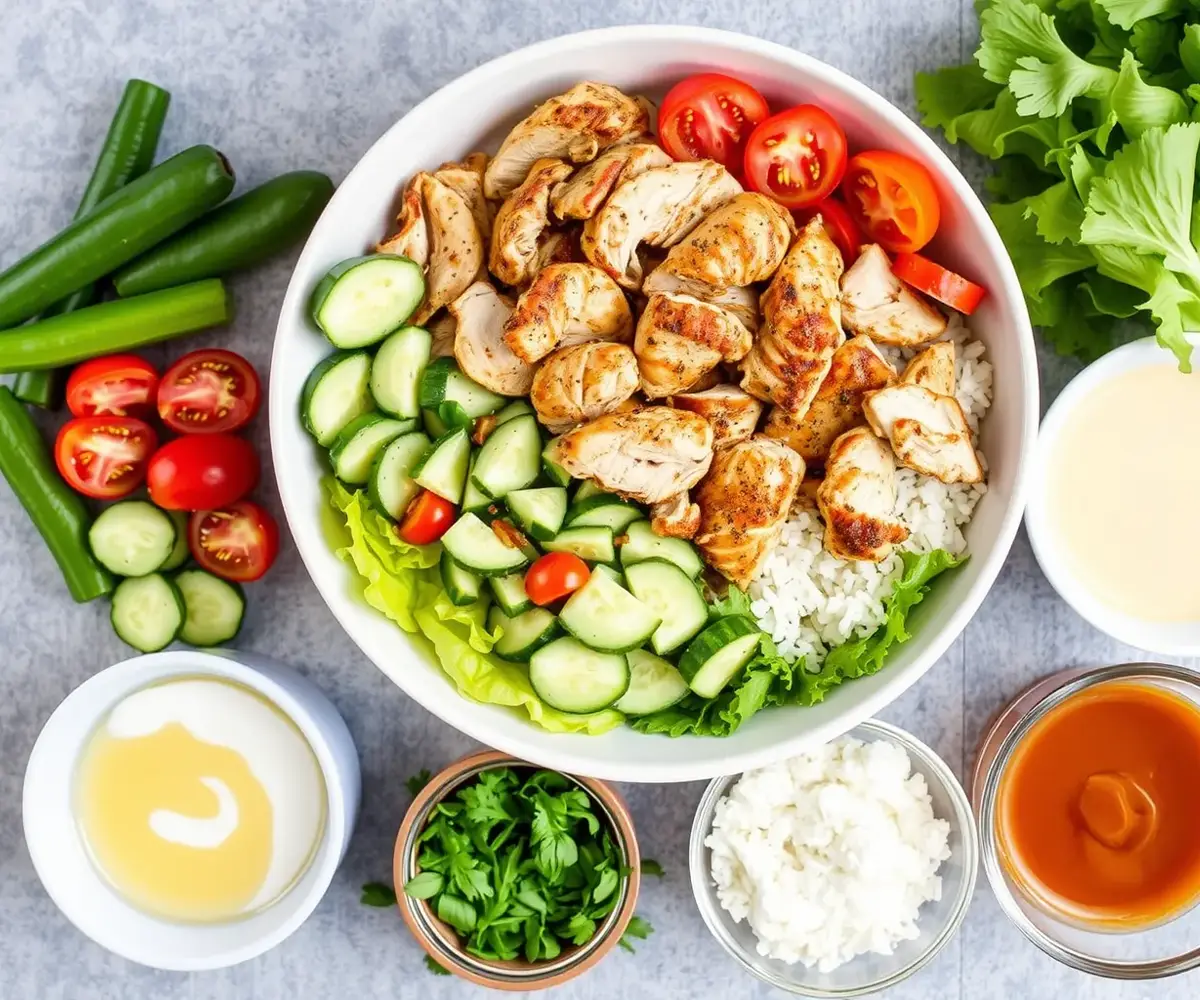 Essential ingredients for a chicken shawarma bowl: chicken, vegetables, rice, and sauces.