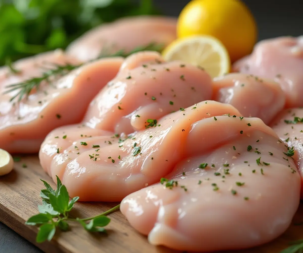 Various cuts of chicken, including breasts and thighs, with fresh herbs and lemon for making chicken over rice.