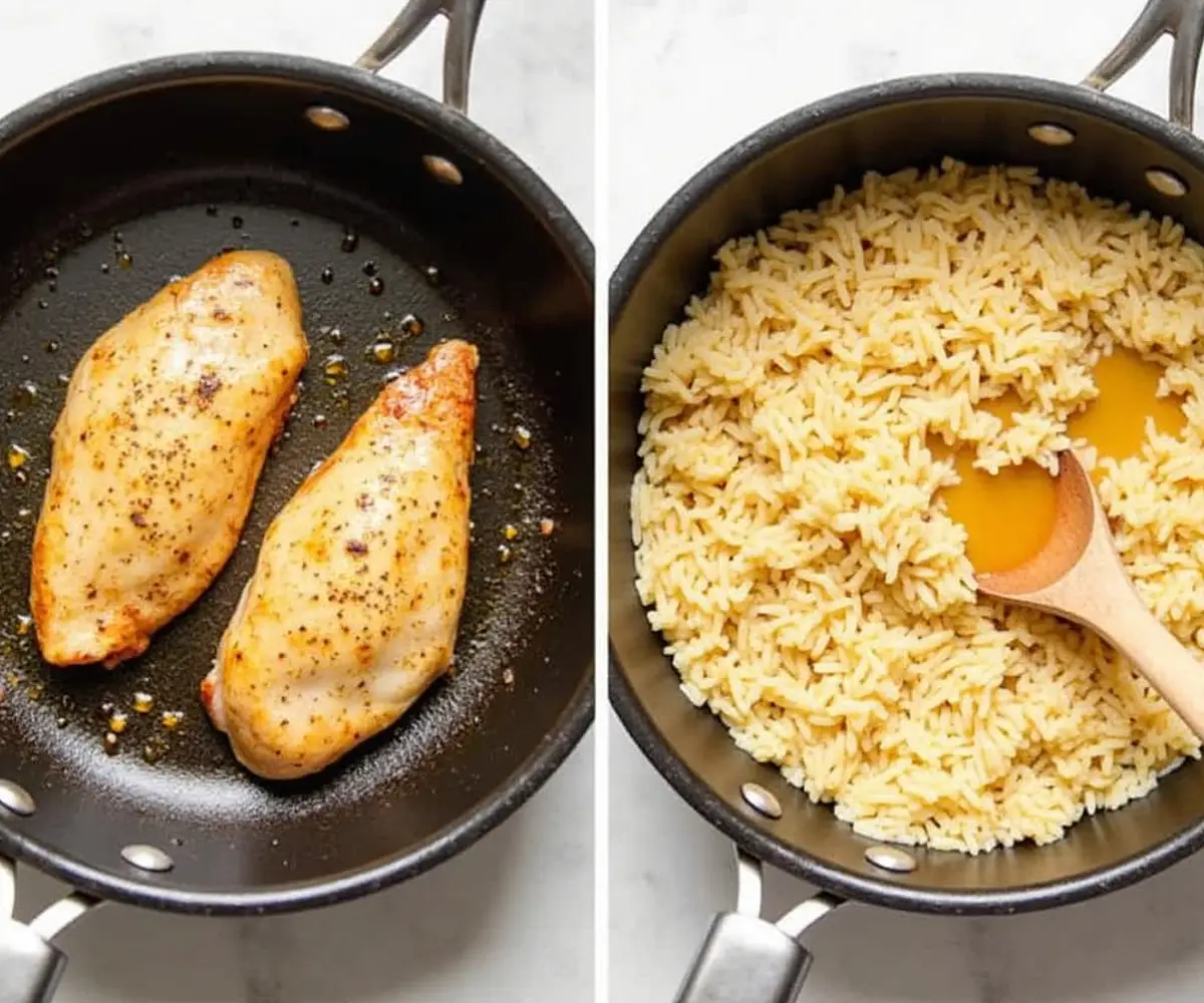 Step-by-step cooking process of chicken over rice, from sizzling chicken to adding rice and broth.