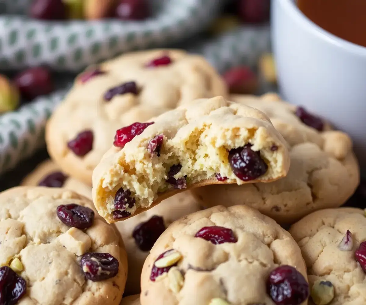 Close-up of Cranberry Pistachio Shortbread Cookies with a bite taken out, showing the soft and crumbly texture along with visible cranberries and pistachios.