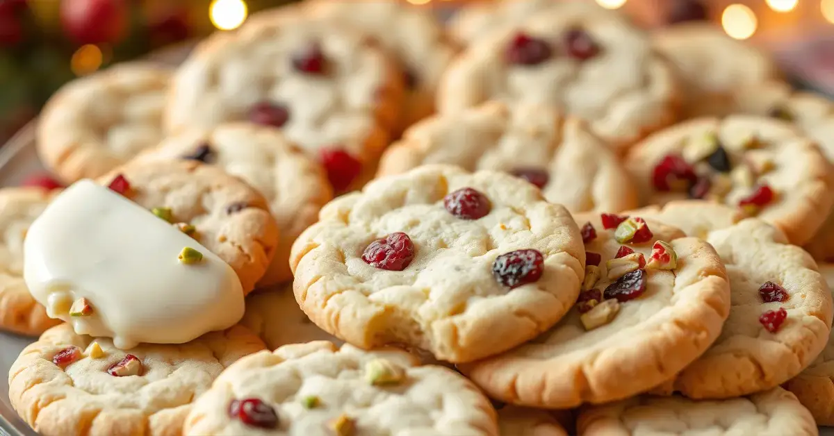 A beautifully arranged platter of freshly baked Cranberry Pistachio Shortbread Cookies, with some cookies dipped in white chocolate and others decorated with pistachios and cranberries.