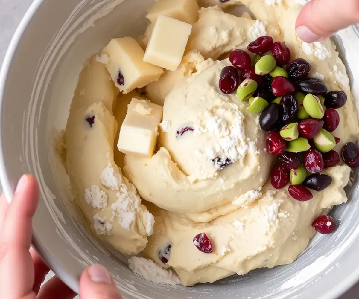 Hands mixing dough for Cranberry Pistachio Shortbread Cookies, with ingredients like flour, butter, cranberries, and pistachios visible.