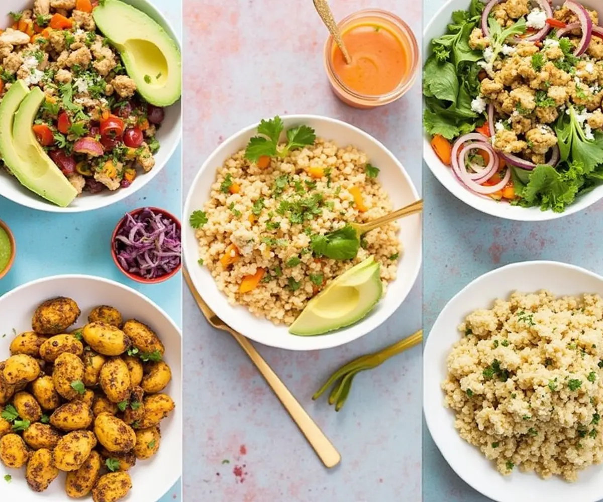 Different variations of chicken shawarma bowls with custom toppings like avocado, roasted vegetables, and couscous.