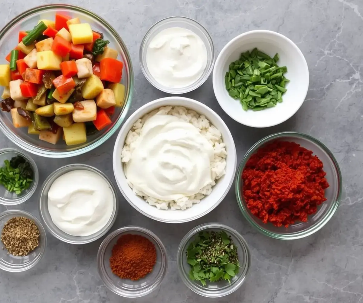 Various garnishes and toppings, including vegetables, herbs, and spices, to customize chicken over rice.