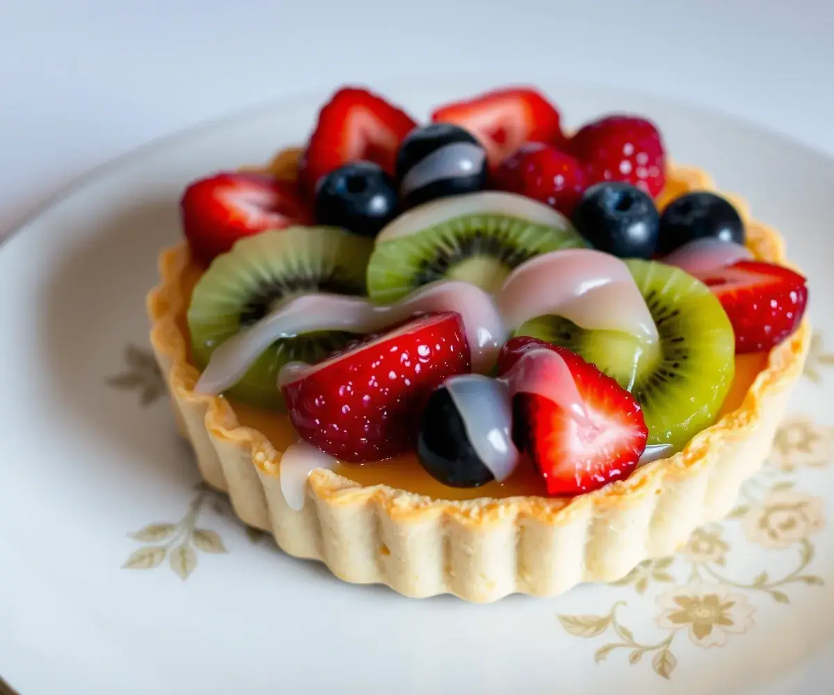 A fruit tart with a shortbread crust, topped with fresh berries, kiwi, and a light glaze.