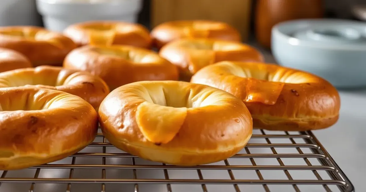 Freshly baked gluten free bagels on a cooling rack with a golden-brown crust and soft, chewy interior.