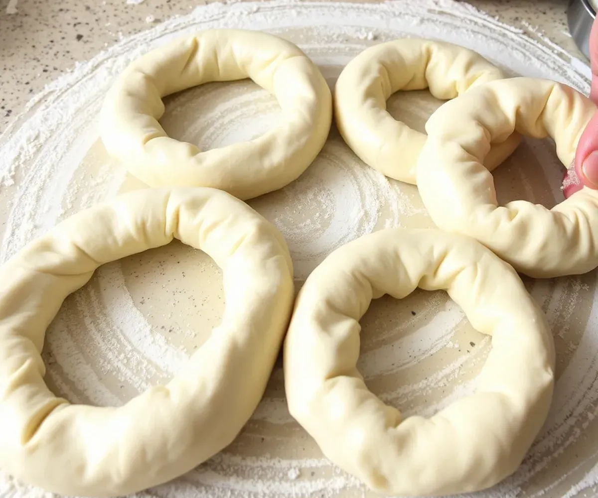 Shaping gluten free bagel dough into bagel rings on a floured surface.