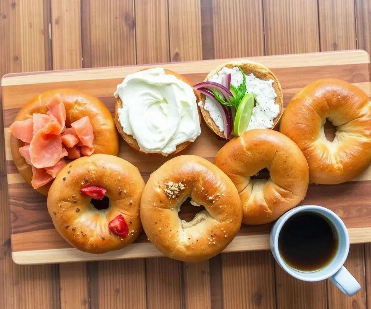 A platter of golden, fresh gluten free bagels with cream cheese, smoked salmon, and vegetables, served with coffee.