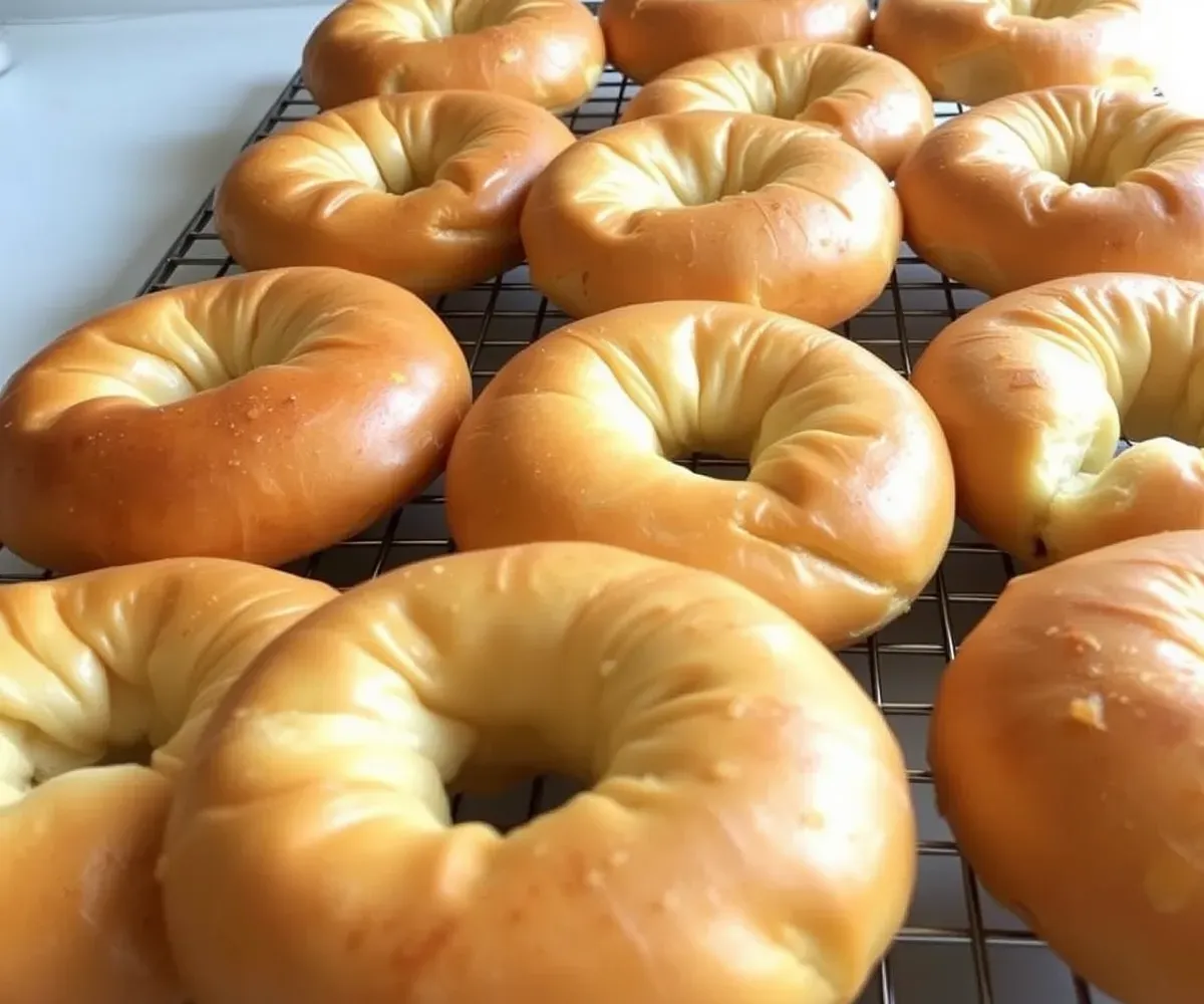 Freshly baked gluten free bagels on a cooling rack with a golden-brown crust and soft, chewy interior.