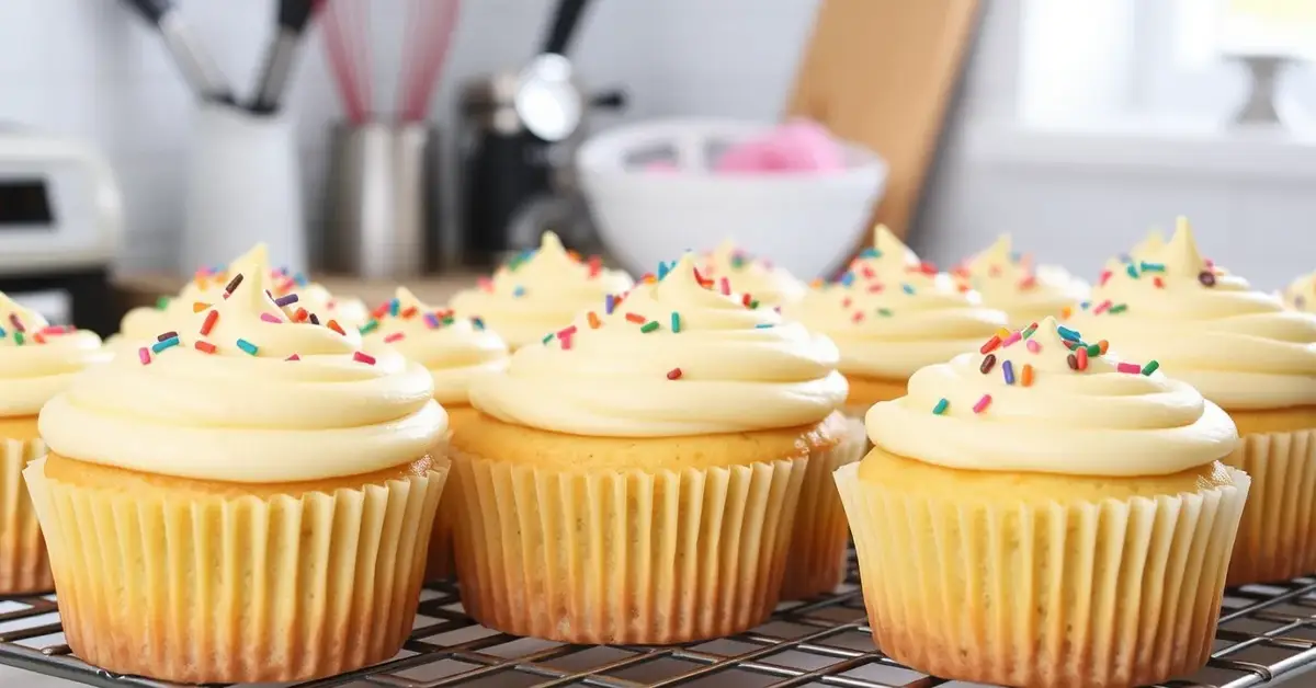 A batch of freshly baked gluten free cupcakes on a cooling rack, topped with creamy frosting and colorful sprinkles.