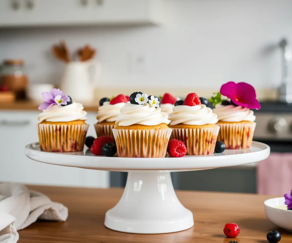 A beautifully presented plate of gluten free cupcakes with swirled frosting, fresh berries, and edible flowers.