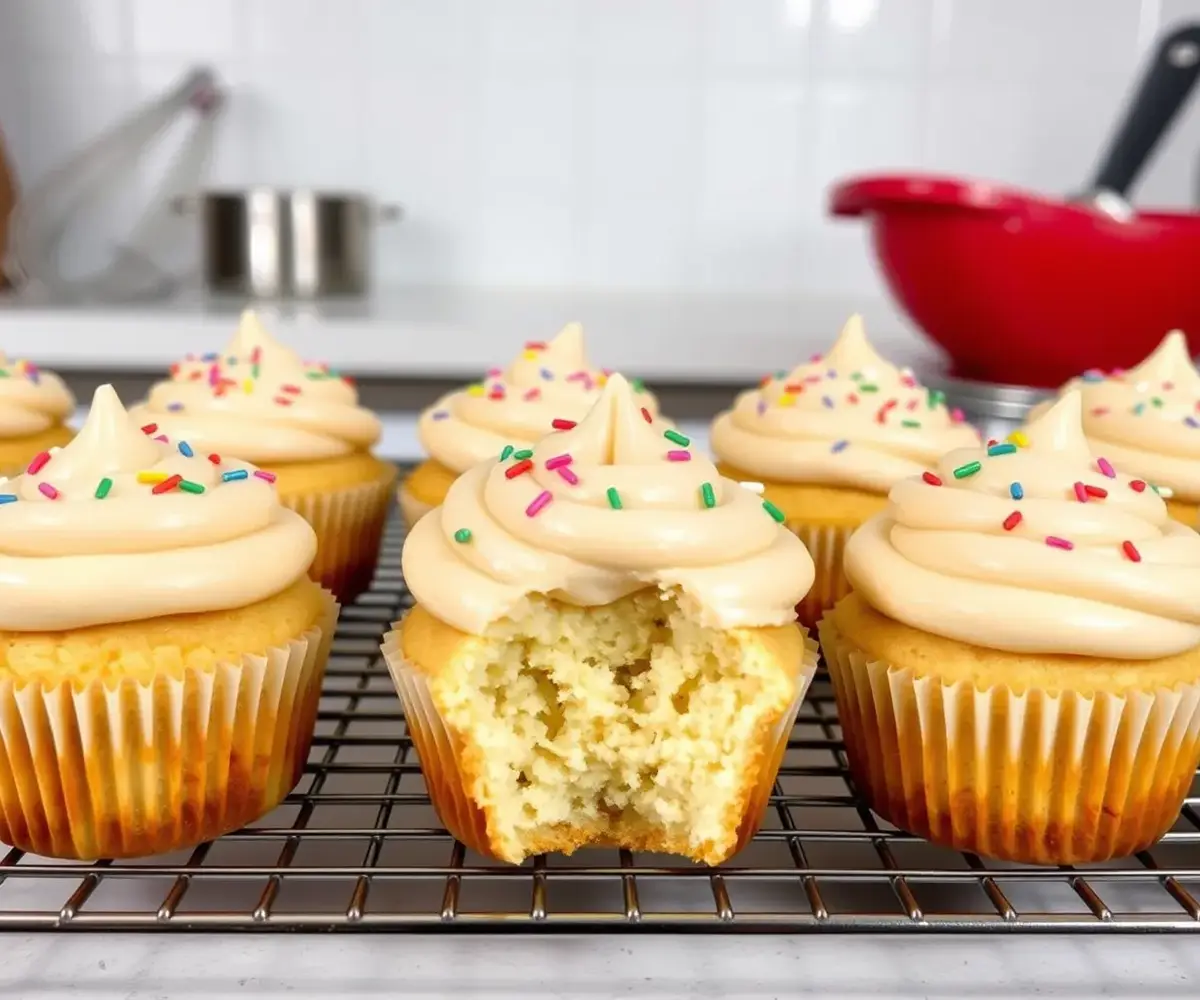 A batch of freshly baked gluten free cupcakes on a cooling rack, topped with creamy frosting and colorful sprinkles.