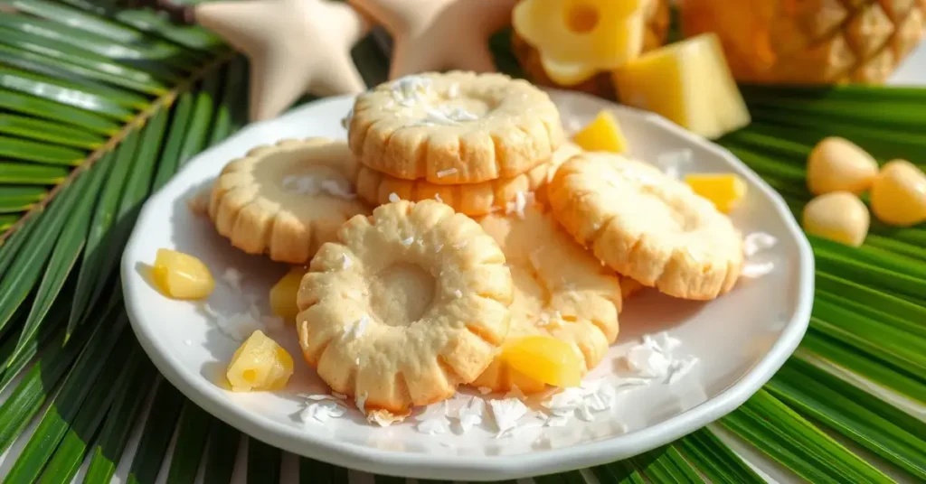 Featured image of Hawaiian Shortbread Cookies on a plate with coconut flakes and pineapple pieces, set against a tropical background.