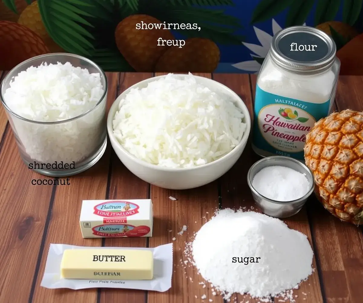 Key ingredients for Hawaiian Shortbread Cookies: shredded coconut, pineapple, butter, flour, and sugar, displayed on a wooden surface.