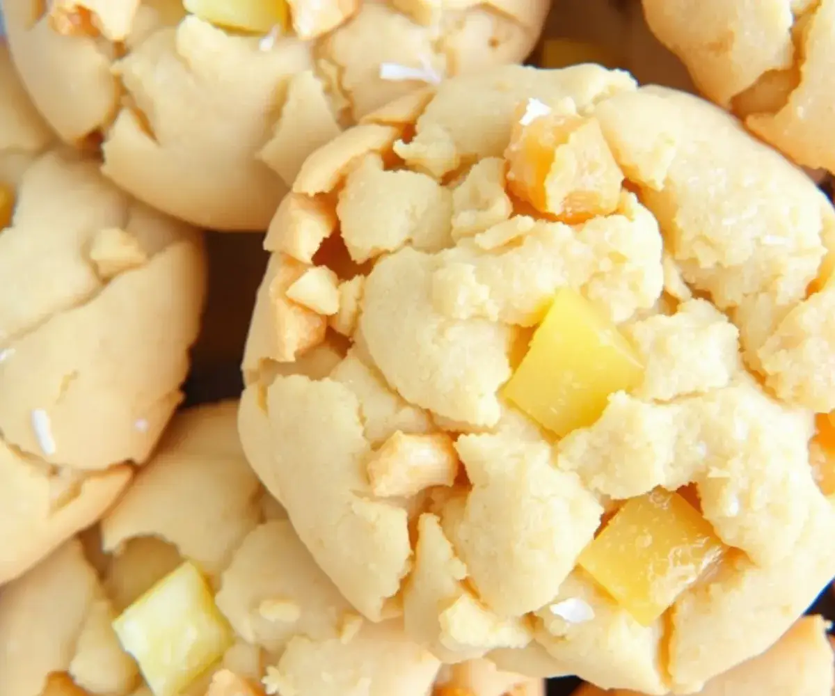 Close-up of Hawaiian Shortbread Cookies with coconut and pineapple chunks, highlighting their tropical flavors.