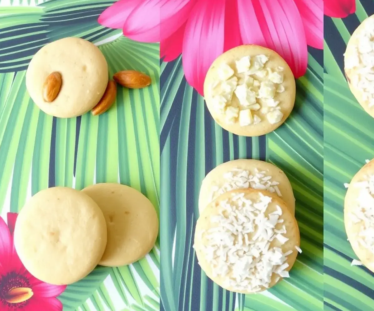 Different variations of Hawaiian Shortbread Cookies, including ones with macadamia nuts, pineapple glaze, and shredded coconut topping.