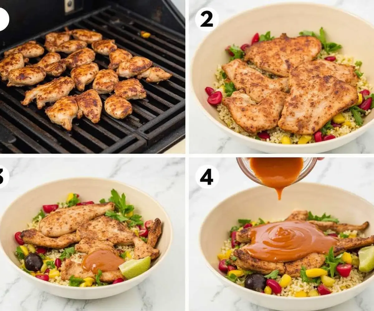 Step-by-step process of making a chicken shawarma bowl at home, with grilled chicken, rice, and vegetables.