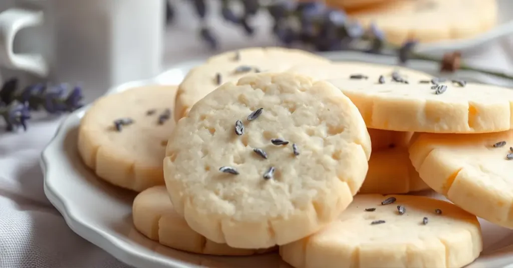 Plate of freshly baked lavender shortbread cookies with lavender buds on top and a cup of tea in the background.