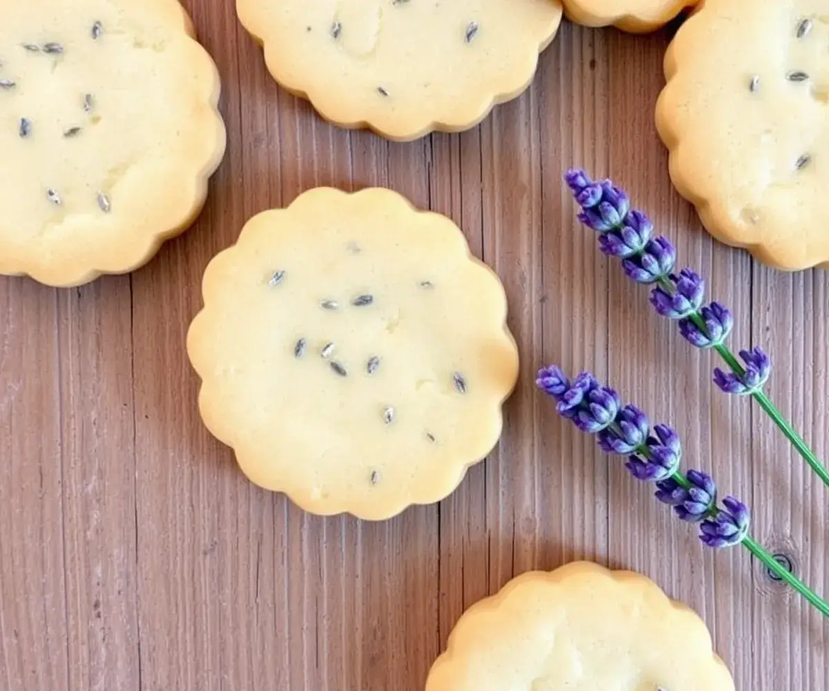 Simple round lavender shortbread cookies on a rustic wooden table with lavender sprigs.