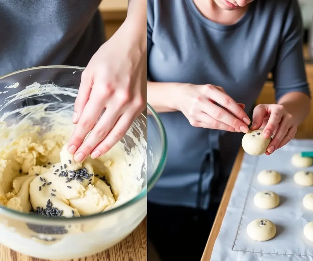 Step-by-step process of making lavender shortbread cookies with lavender buds added to the dough.