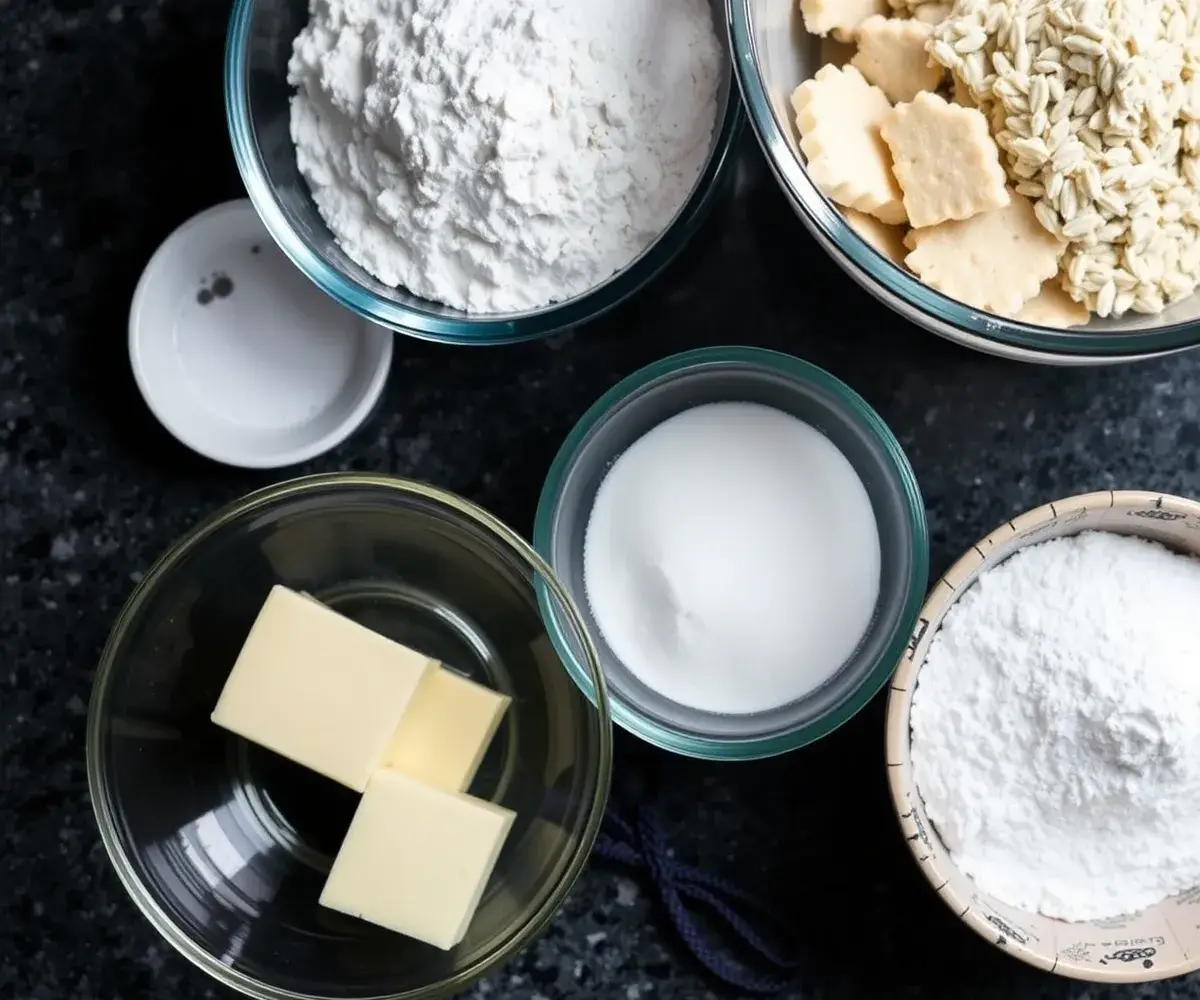 Ingredients for lavender shortbread cookies: butter, flour, sugar, and lavender buds.