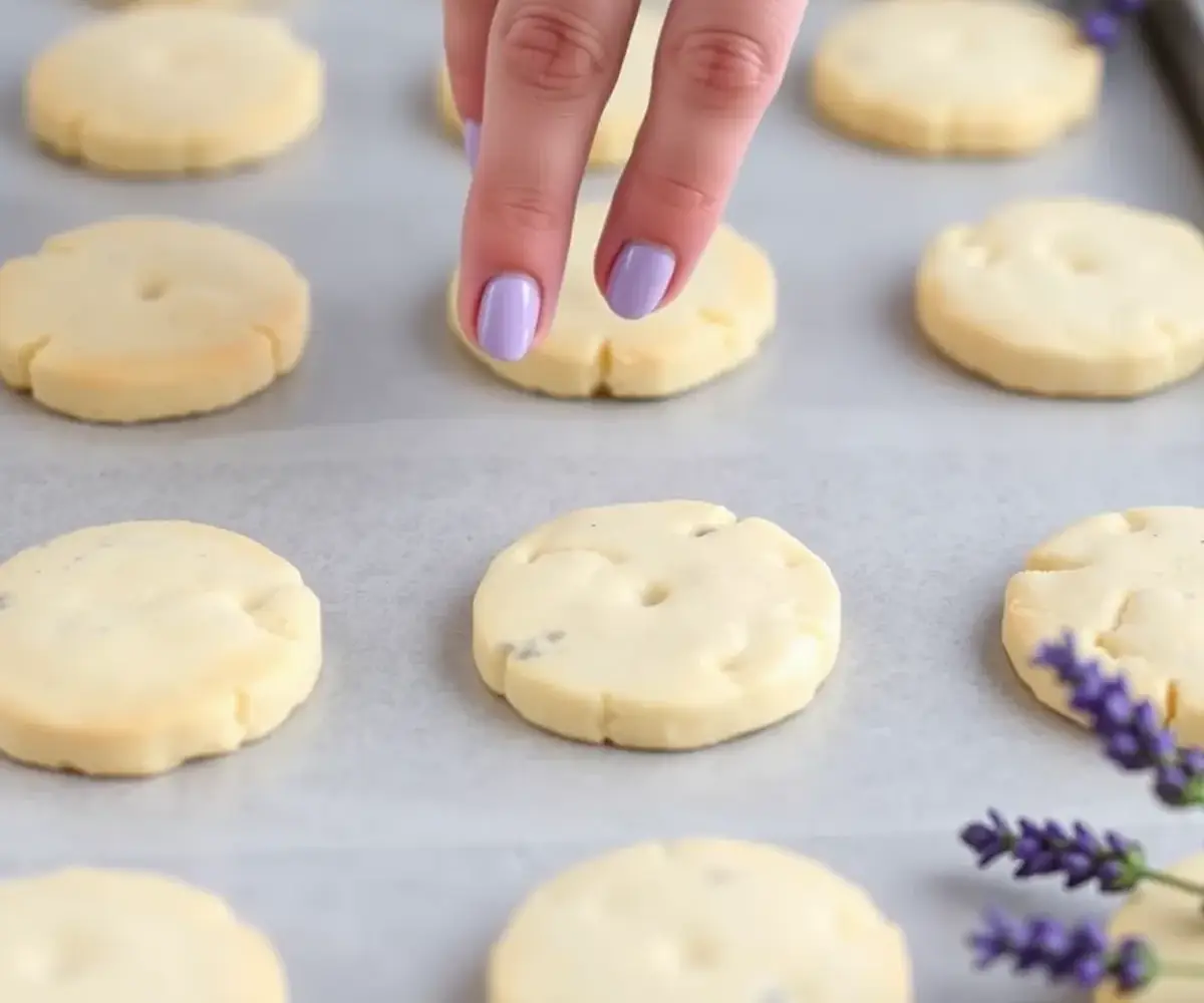 Placing lavender shortbread cookies onto a baking sheet for baking.