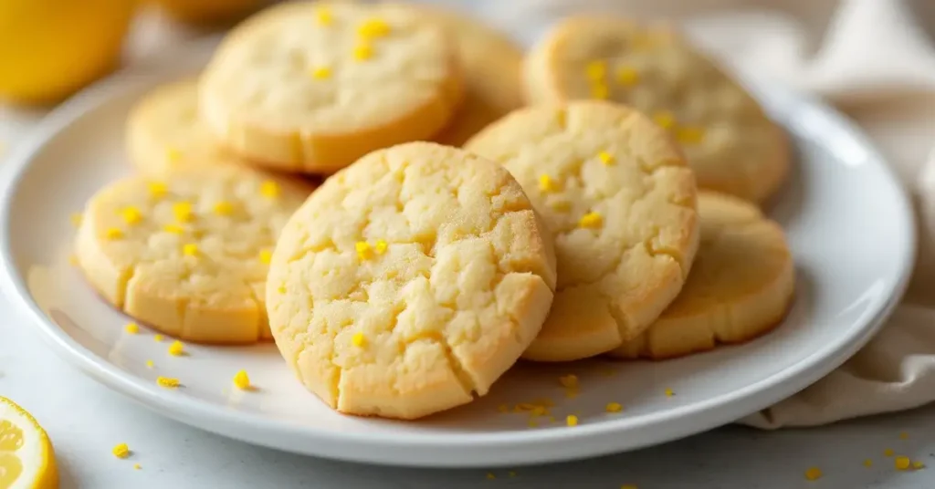 Lemon shortbread recipe: A plate of lemon shortbread cookies with lemon slices and zest, a perfect treat for any occasion.