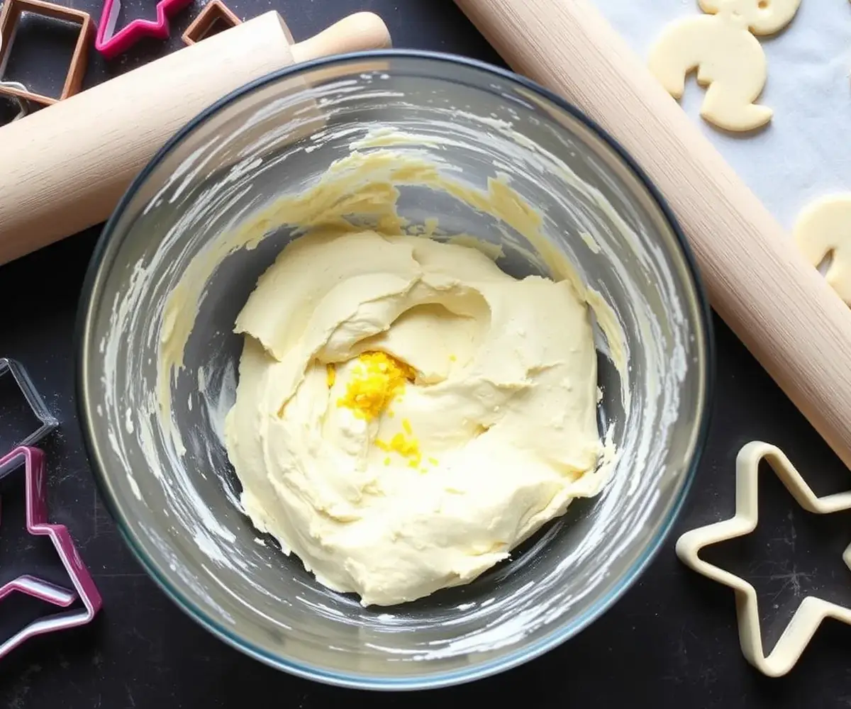 Lemon shortbread recipe: Step-by-step preparation of lemon shortbread dough in a mixing bowl with lemon zest, ready for baking.