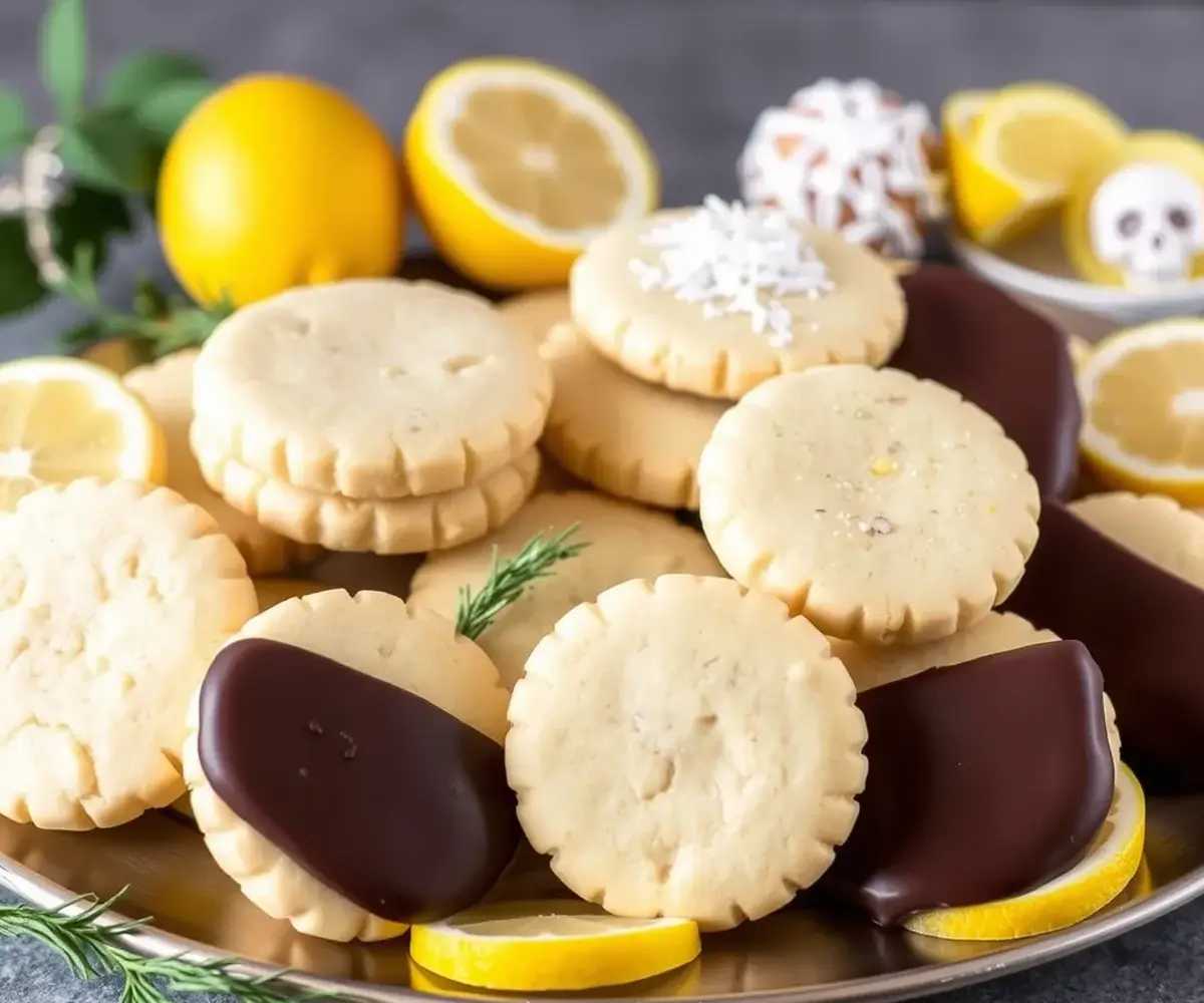 Lemon shortbread recipe variations: A platter of lemon poppy seed, chocolate-dipped, and lemon rosemary shortbread cookies.