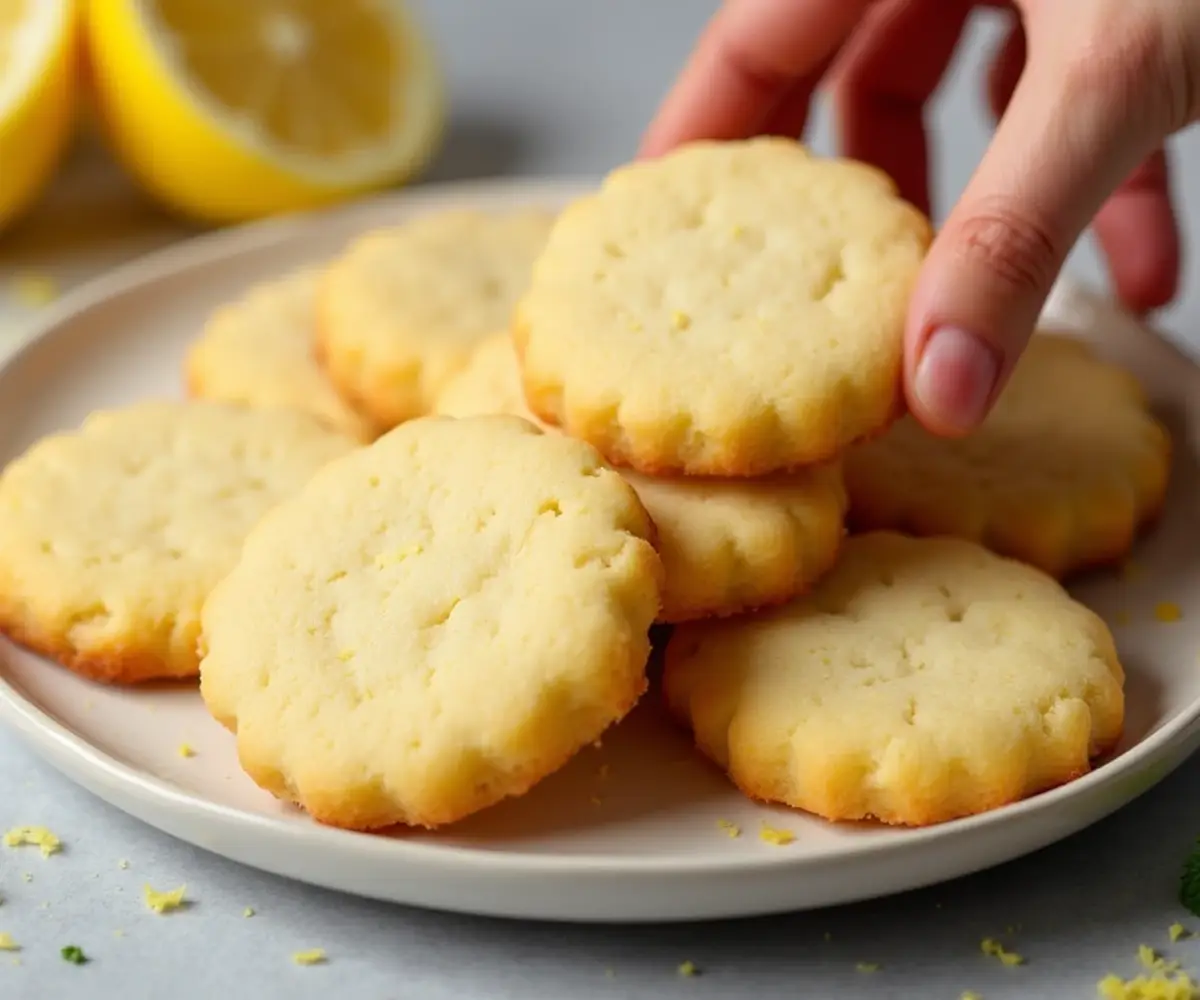 A close-up of a hand reaching for a buttery lemon shortbread recipe with zest in the background.'