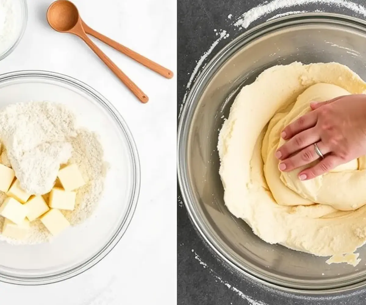 Close-up of dough being mixed for a shortbread crust with ingredients like flour and butter, a wooden spoon, and scattered flour.