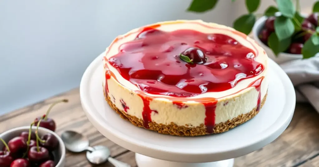 Delicious No Bake Cherry Cheesecake with graham cracker crust and topped with cherry pie filling.