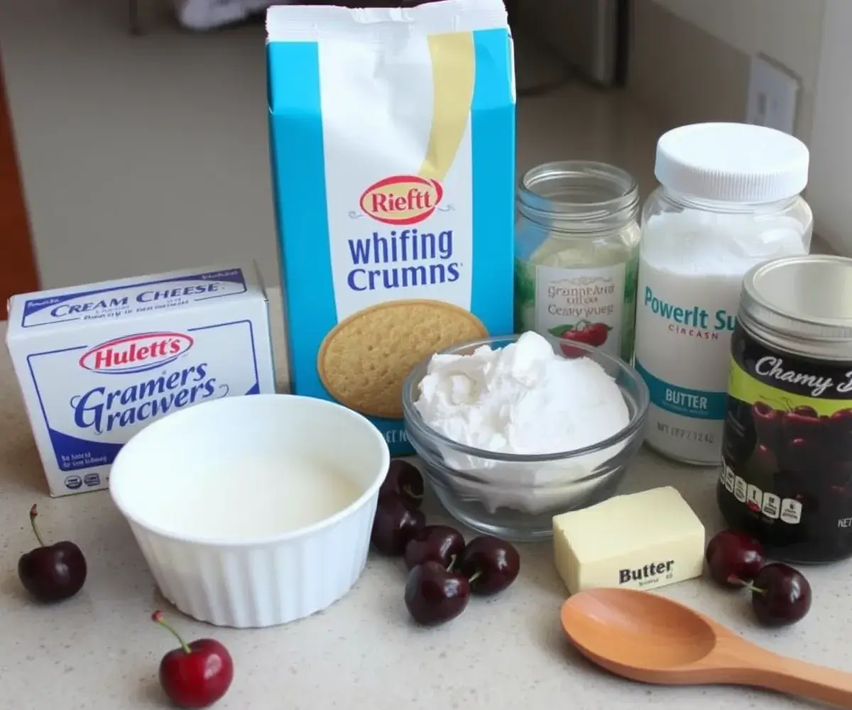 Ingredients for No Bake Cherry Cheesecake: cream cheese, heavy cream, graham crackers, and cherry pie filling.