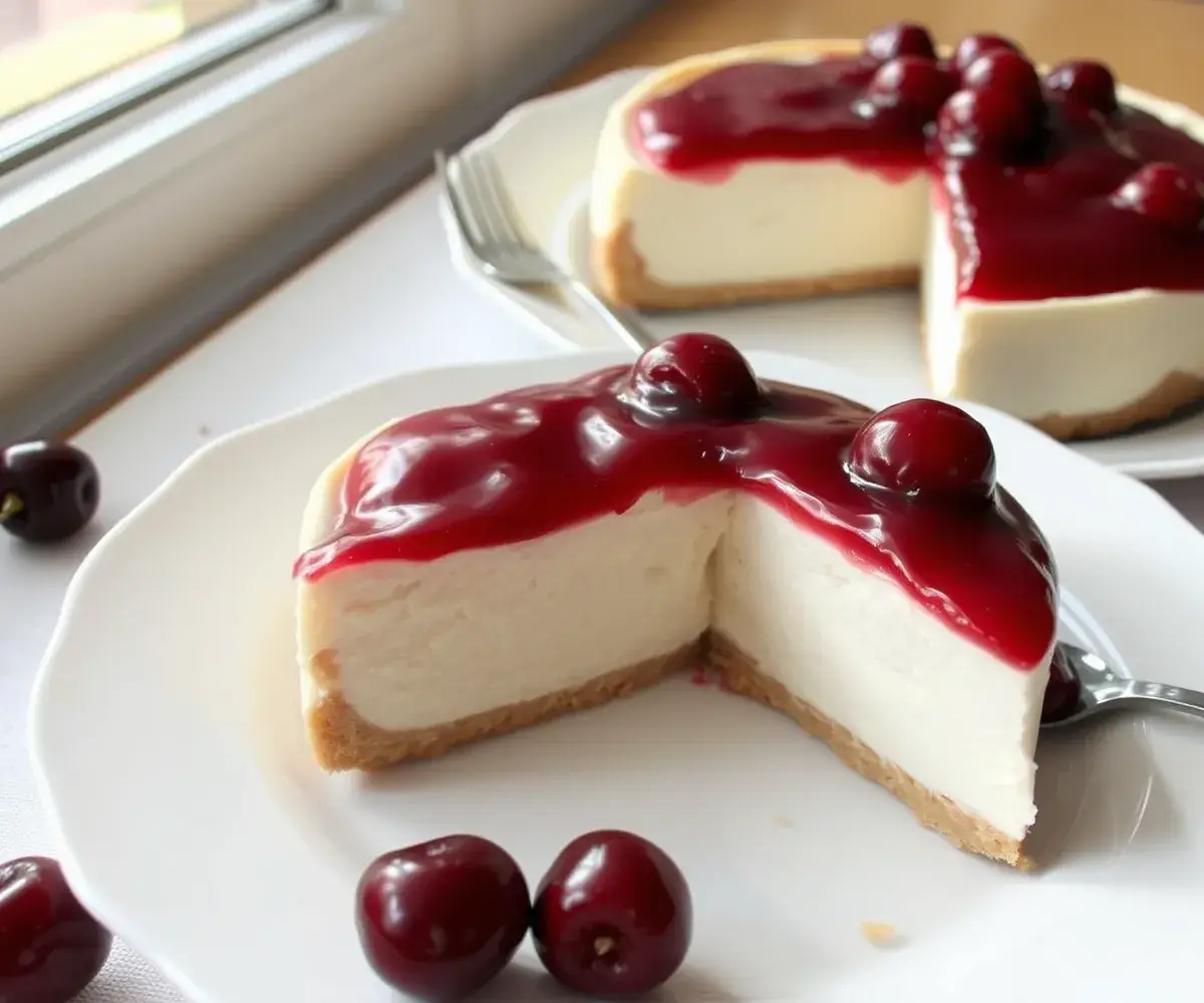 Perfectly sliced No Bake Cherry Cheesecake with creamy interior and cherry topping.