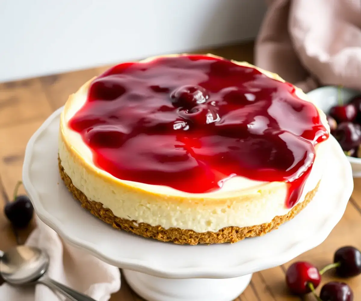 Delicious No Bake Cherry Cheesecake with graham cracker crust and topped with cherry pie filling."