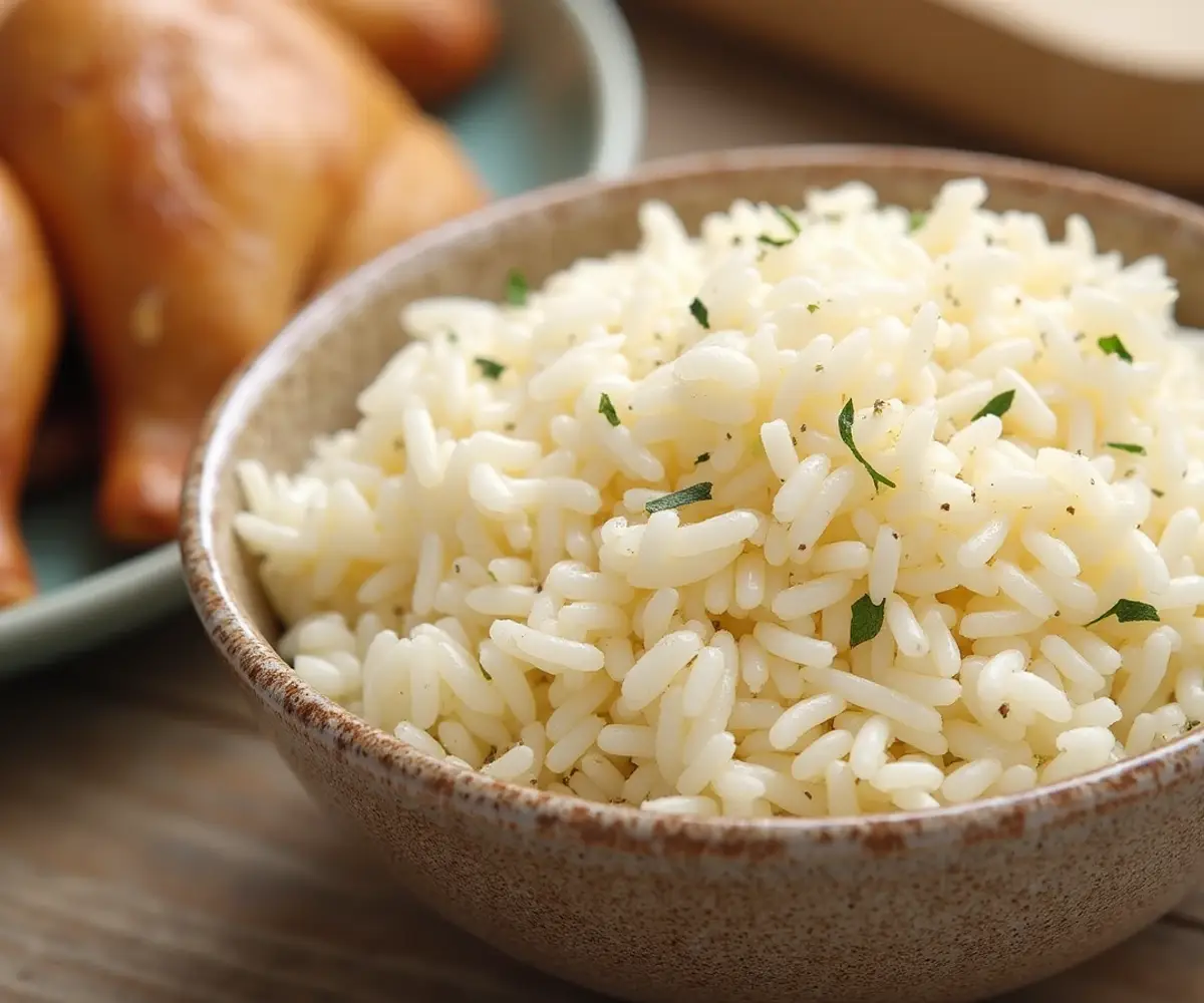 Fluffy white rice, cooked perfectly to pair with chicken over rice.