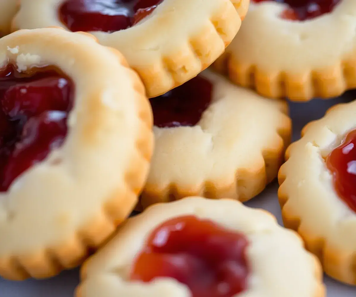 Perfectly baked shortbread cookies with jam filling, showing golden edges and vibrant jam center.