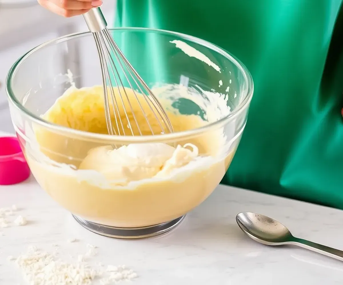 Preparing gluten free cupcake batter with a whisk in a mixing bowl.