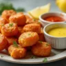 Crispy salmon bites served with dipping sauces and garnished with herbs and lemon.