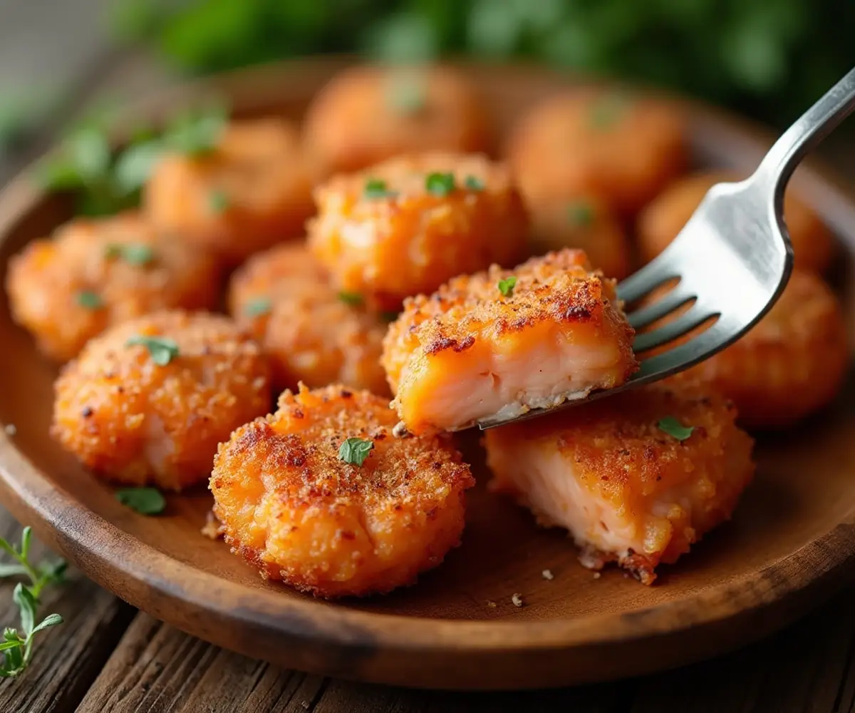 Close-up of crispy salmon bites with a fork cutting through one piece.