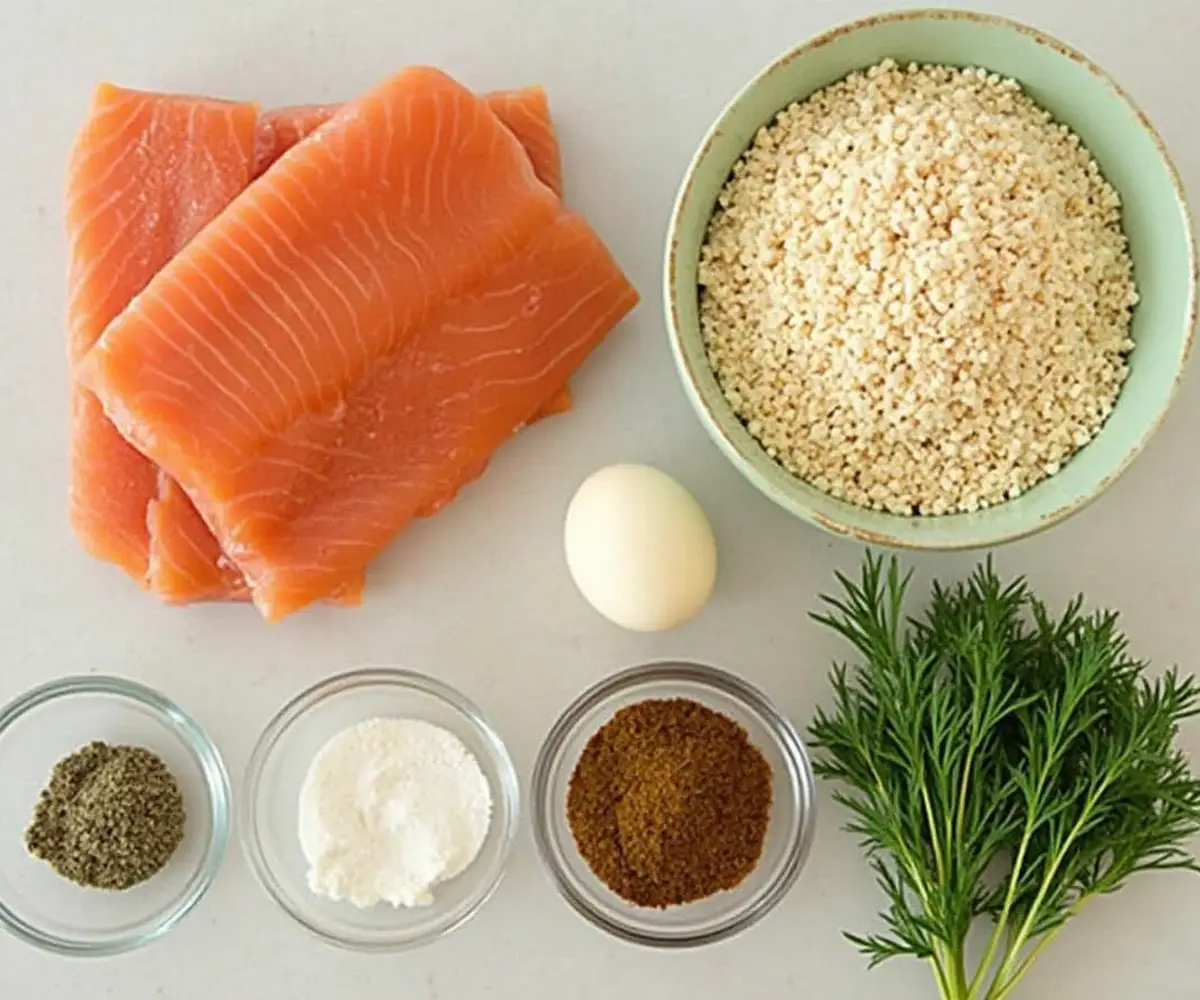 Ingredients for crispy salmon bites, including fresh salmon, breadcrumbs, and herbs.