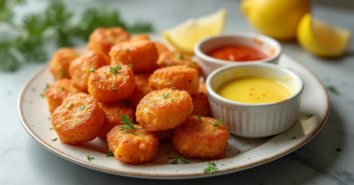 Crispy salmon bites served with dipping sauces and garnished with herbs and lemon.