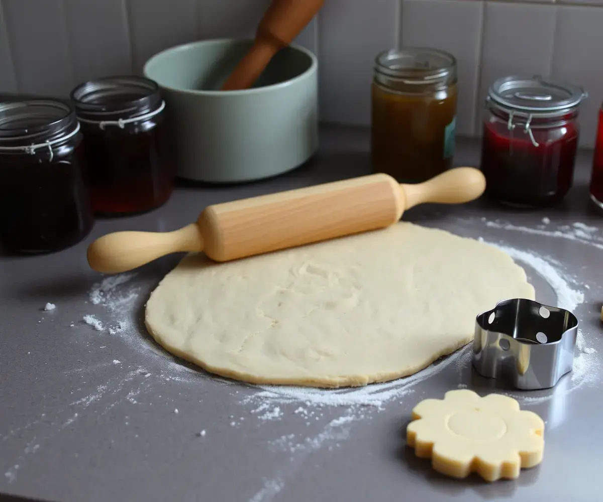 Rolling out dough for shortbread cookies with jam filling, with a rolling pin and cookie cutter.