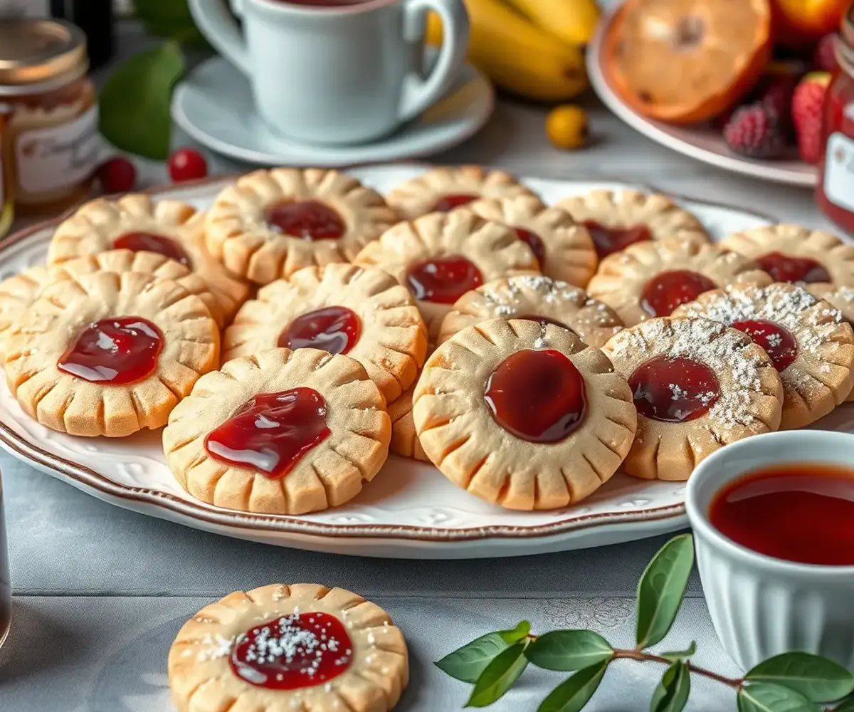 Platter of shortbread cookies with jam, served with tea, fresh fruit, and jars of jam.