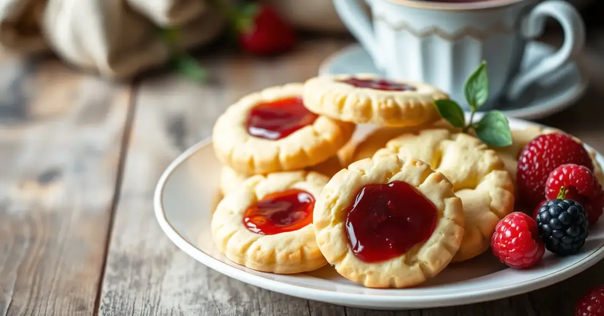 Plate of shortbread cookies with jam, garnished with fresh berries and accompanied by a cup of tea.