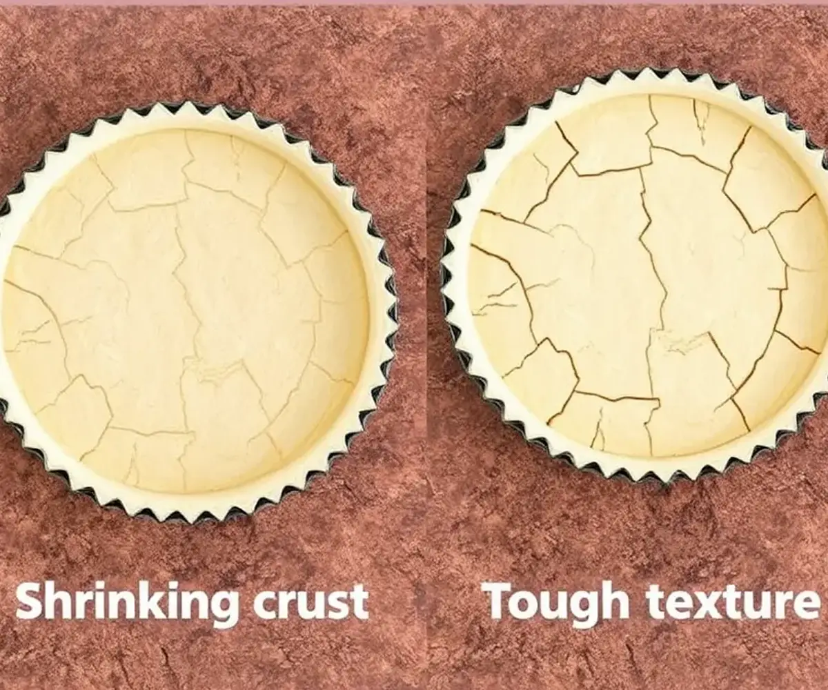 Three images showing common shortbread crust issues: crumbly dough, shrinking crust, and tough texture.