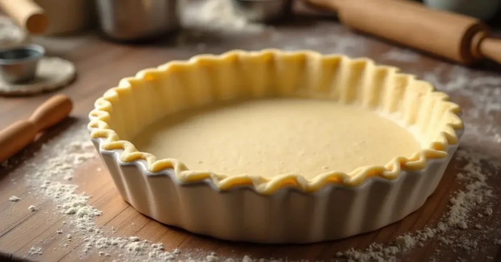 Golden shortbread crust recipe in a pie dish on a wooden kitchen countertop with kitchen tools in the background.